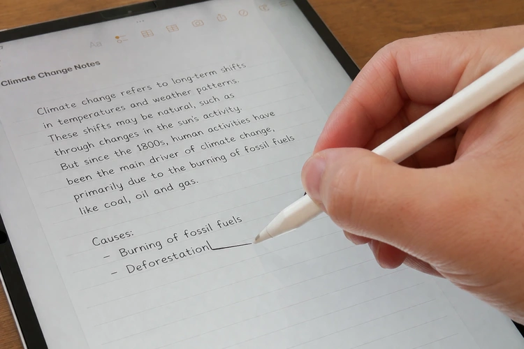 A close-up of a hand holding an Apple Pencil writing smoothly on an iPad screen, showing precise handwriting recognition in a notes app. The angle captures the pen tip contact on the glass surface clearly.