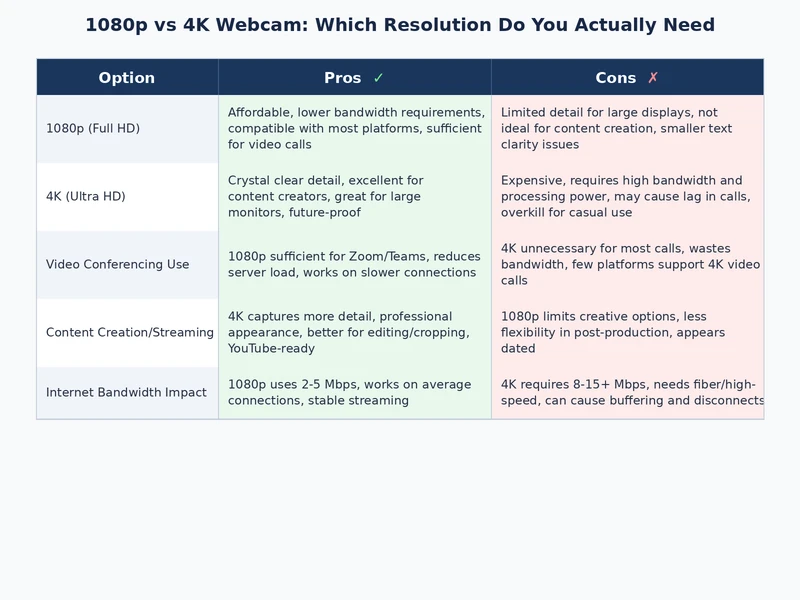1080p vs 4K webcam comparison chart showing resolution, frame rate, and use case differences
