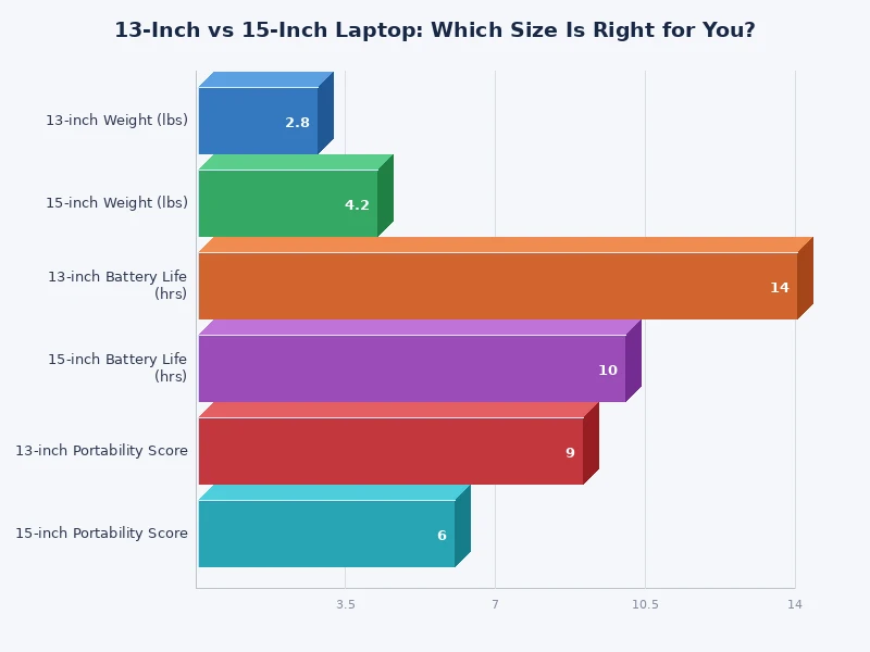 bar chart comparing 13 inch vs 15 inch laptop weight battery and screen size