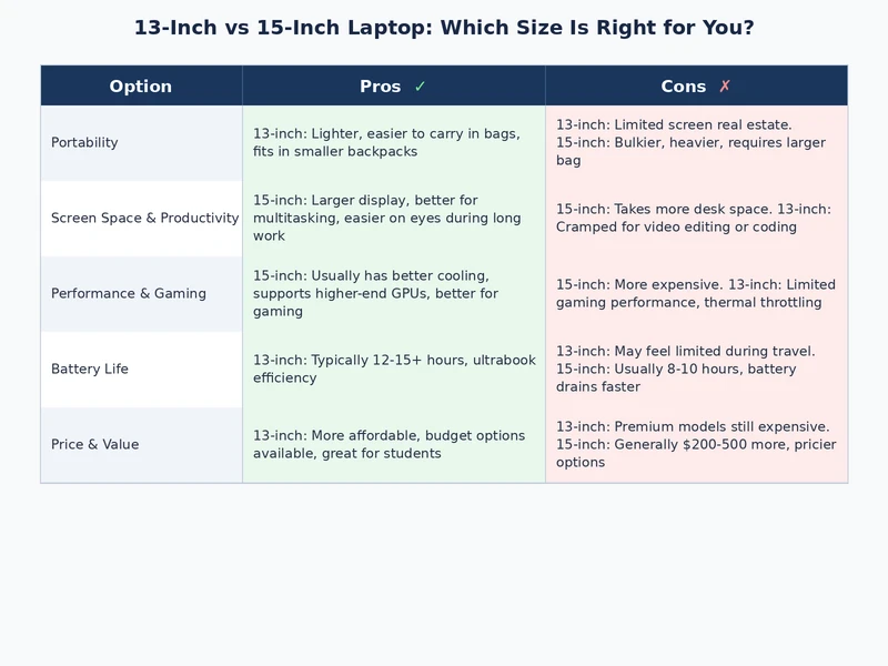 comparison table showing 13 inch vs 15 inch laptop use cases and trade-offs