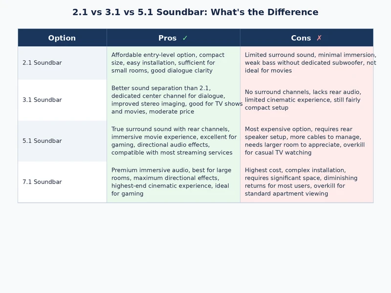 comparison chart of 2.1 vs 3.1 vs 5.1 soundbar features and specs