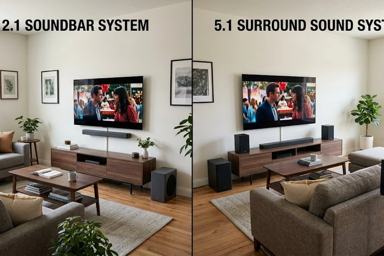 2.1 vs 5.1 soundbar side-by-side comparison setup in a living room