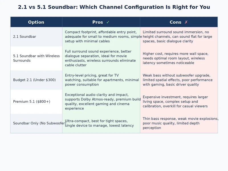 2.1 vs 5.1 soundbar comparison table showing speaker layout, room fit, and use case differences