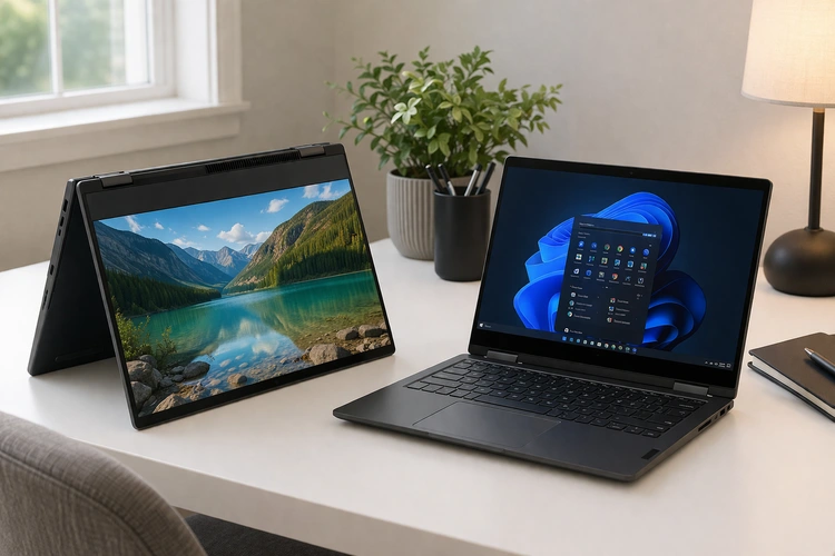 2-in-1 laptop vs traditional laptop side by side on a desk
