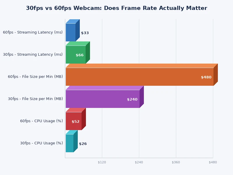 Bar chart comparing 30fps vs 60fps webcam performance across use cases