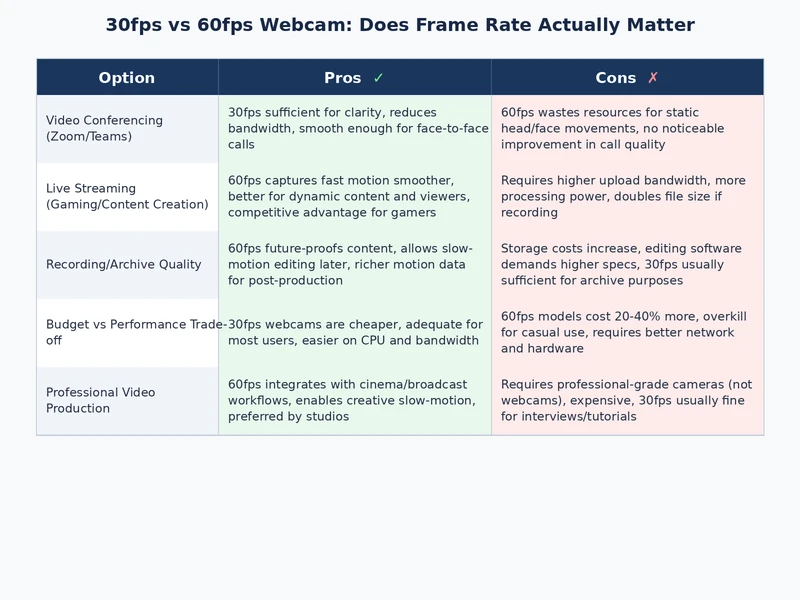 Comparison table image illustrating 30fps vs 60fps webcam specifications and use cases