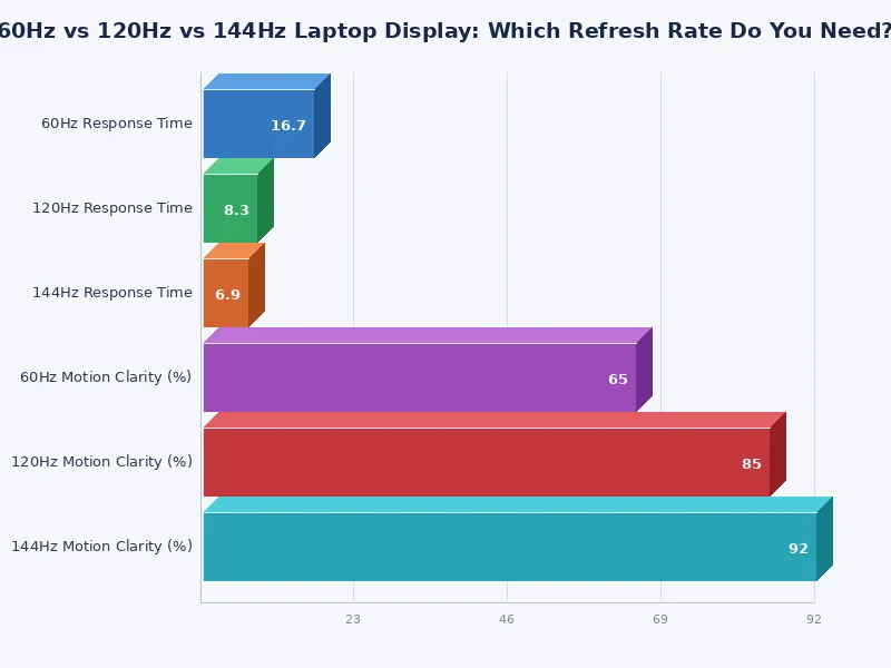 Bar chart comparing 60Hz vs 120Hz vs 144Hz laptop display smoothness, battery impact, and gaming suitability scores