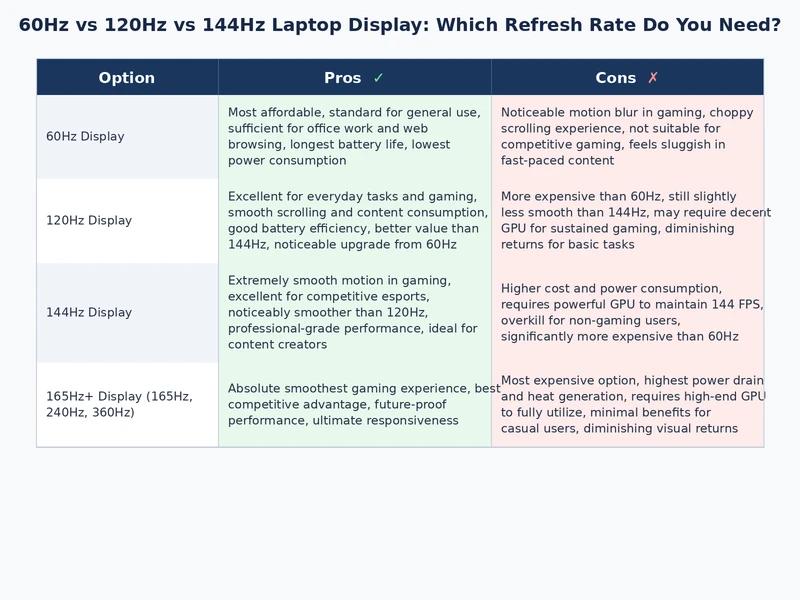Comparison table graphic showing 60Hz vs 120Hz vs 144Hz laptop display specs including response time, battery impact, and ideal user profiles