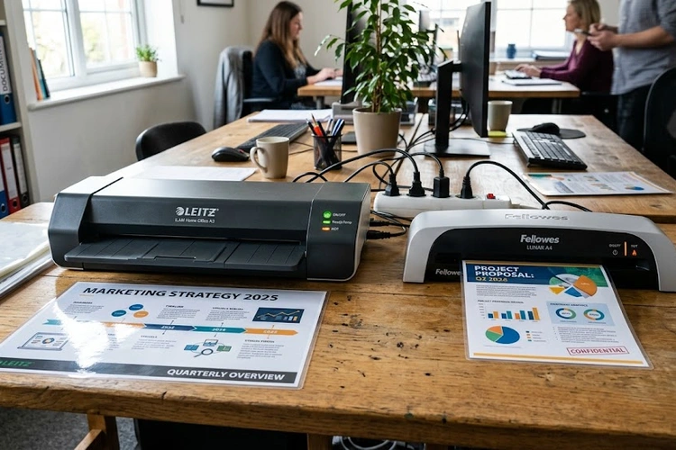 Two laminators side by side on an office desk — one compact A4 model and one larger A3 machine — with sample laminated documents of both sizes placed in front of each.