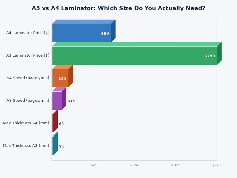 Bar chart comparing A3 vs A4 laminator features including cost, speed, and pouch price