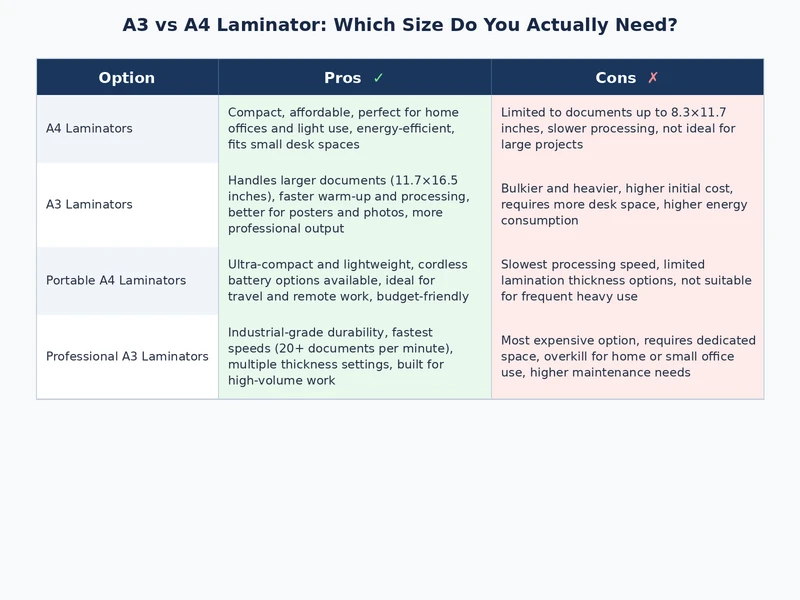 Comparison chart of A3 vs A4 laminator use cases and recommended user types