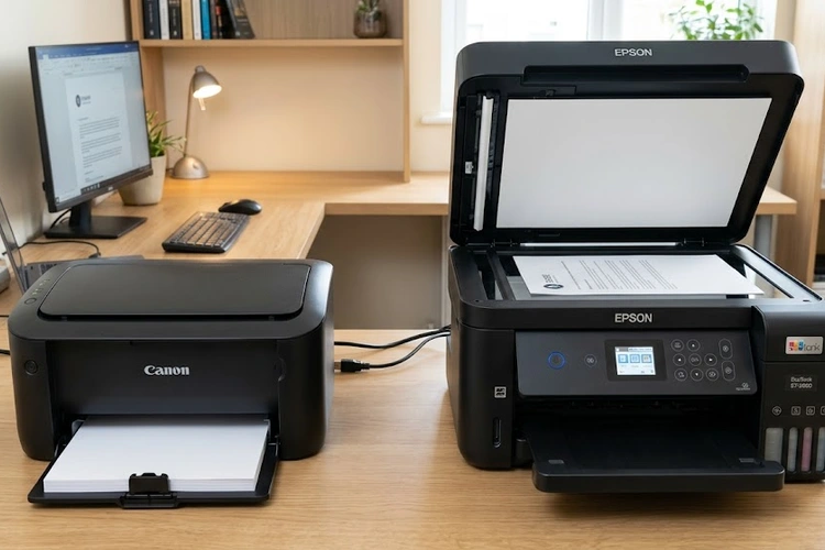 All-in-one printer vs single function printer side by side on a desk
