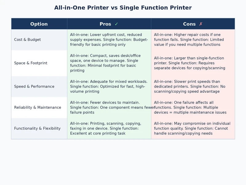 Comparison table infographic for all-in-one printer vs single function printer