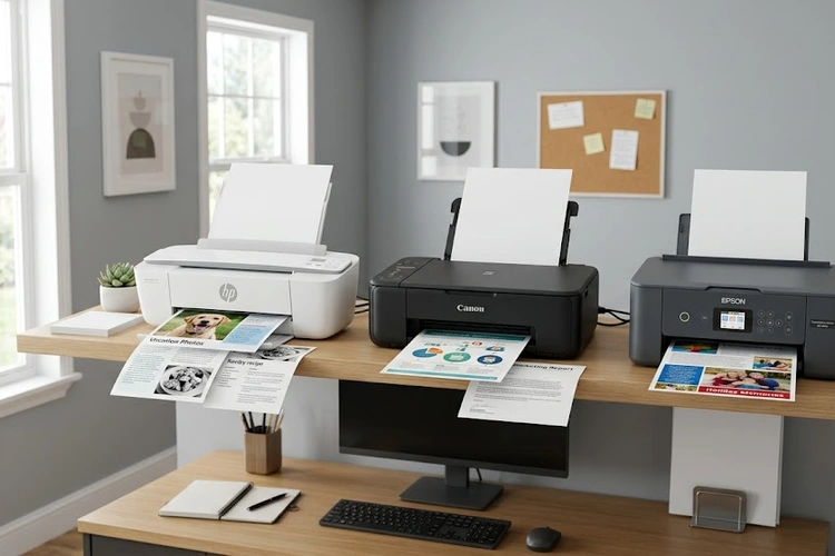 Best budget printer for home use sitting on a desk next to a laptop