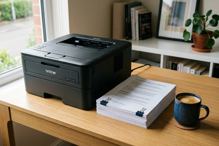 Best laser printer for home use sitting on a desk in a modern home office