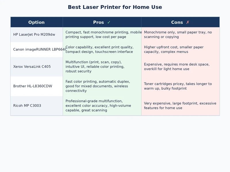 Comparison table of best laser printers for home use showing specs and cost per page
