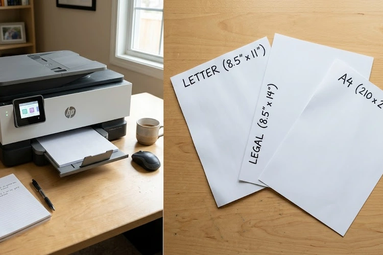 Stack of paper sizes laid out on a desk showing best paper size for home printing options