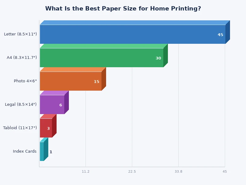 Bar chart comparing dimensions and usage frequency of common paper sizes for home printing