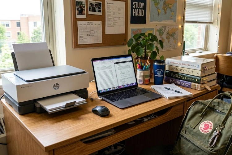 Best printer for college students sitting on a dorm desk next to a laptop