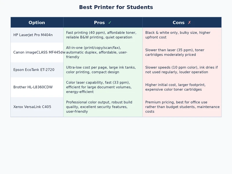 comparison chart of best printer for students models by category and cost