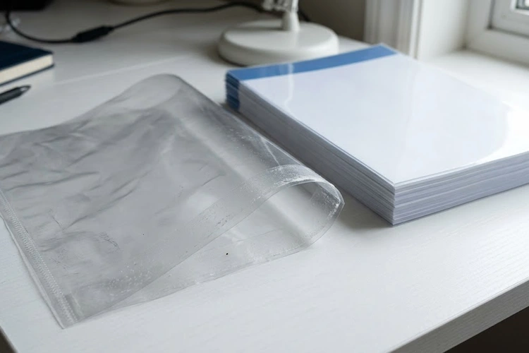 A used laminating pouch with a document removed sitting next to a pile of fresh unused pouches on a white desk. Close-up shows the edge of the used pouch slightly curled and the sealed adhesive layer.