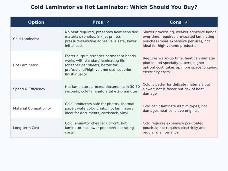 comparison table cold laminator vs hot laminator use cases and performance