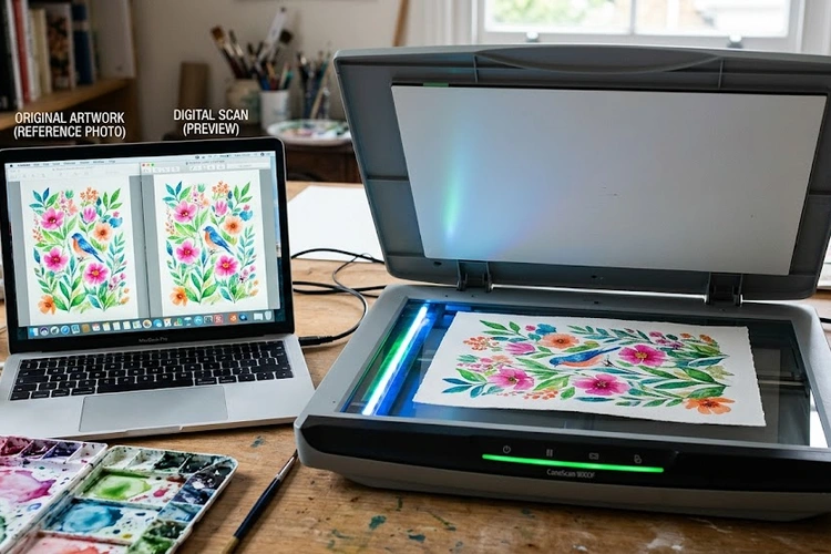 flatbed scanner capturing a colorful painting with accurate color reproduction for artwork digitization
