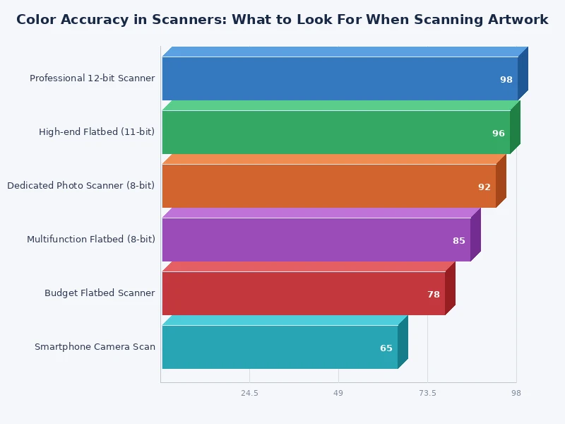 bar chart comparing bit depth and optical density values across flatbed film and drum scanners for artwork