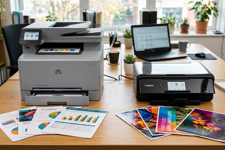 color laser printer vs color inkjet side by side comparison on desk