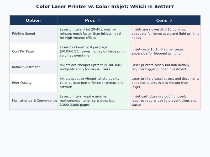 color laser printer vs color inkjet full comparison table showing cost quality and speed