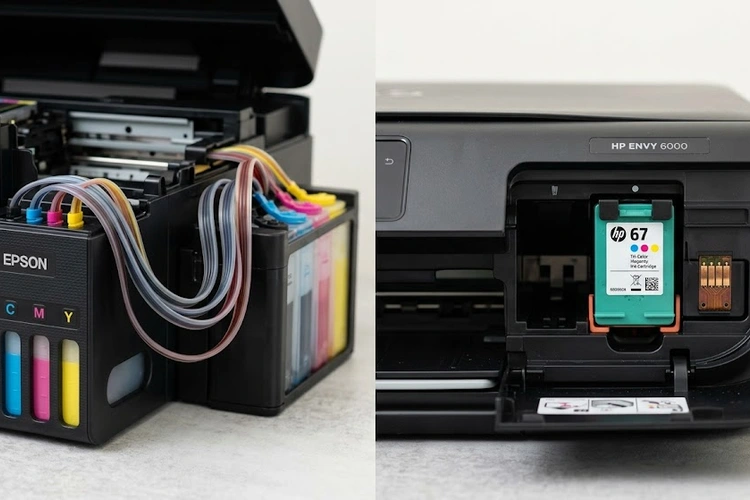continuous ink system printer vs cartridge side by side comparison on a desk