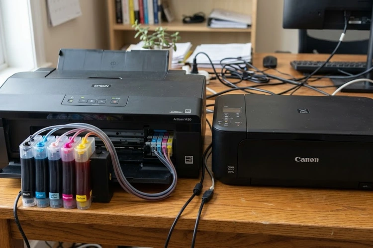 continuous ink system vs cartridge printer side by side comparison on a desk
