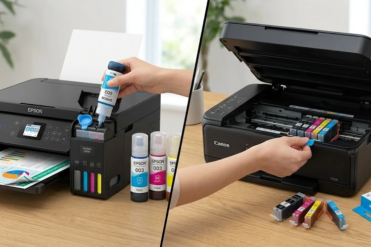 continuous ink system vs ink cartridges side by side comparison on a desk