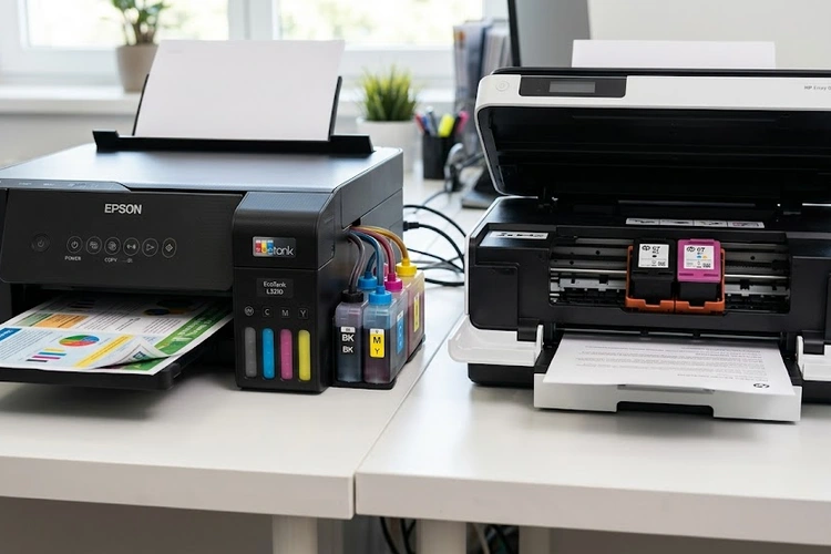 continuous ink tank vs cartridge printer side by side comparison on a desk