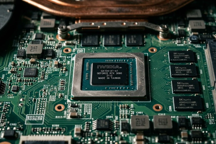 Close-up of a laptop motherboard highlighting the GPU chip area, with dramatic side lighting showing circuit board details in green and silver tones.