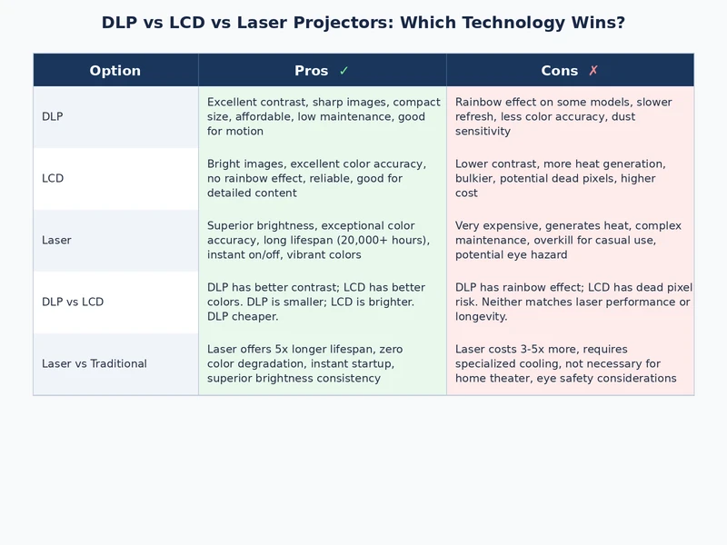 Visual comparison chart of DLP vs LCD vs laser projector specifications and ratings