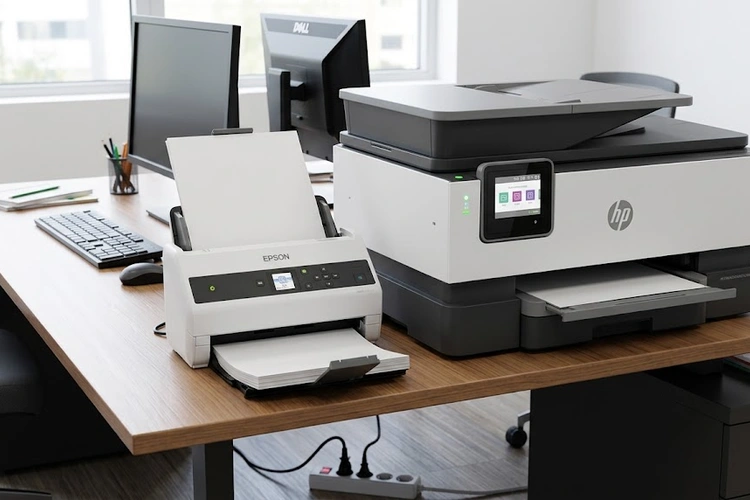 A standalone sheet-fed document scanner placed next to a large multifunction all-in-one printer on an office desk, both plugged in and ready to use, illustrating the size and form factor difference.
