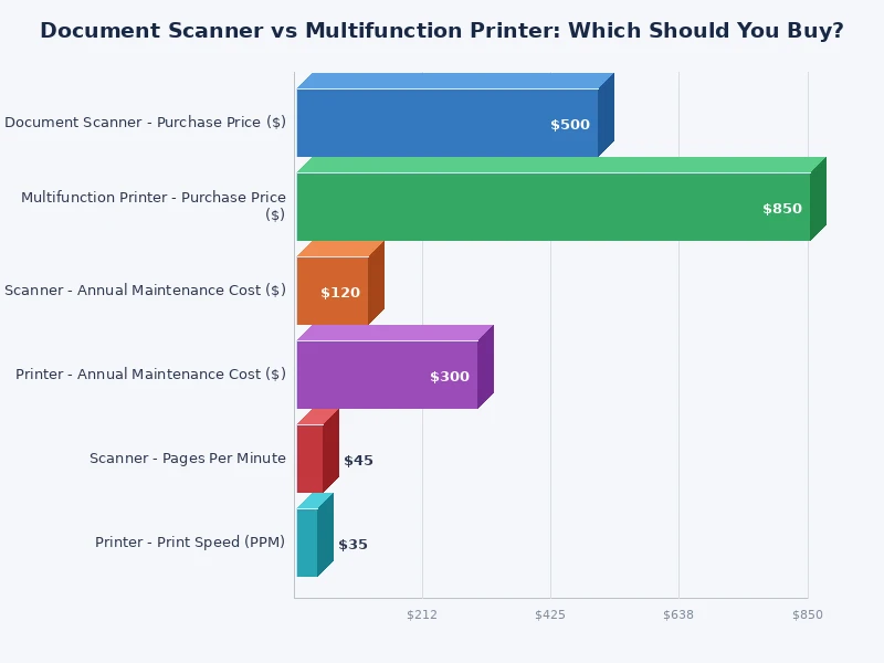 bar chart comparing document scanner vs multifunction printer on key performance metrics