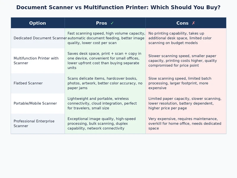 document scanner vs multifunction printer comparison showing pros and cons of each device