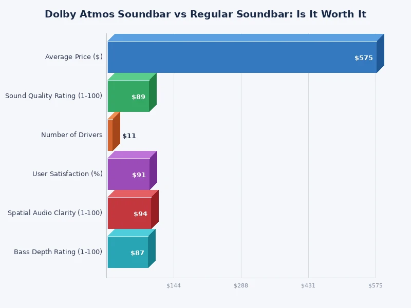 Bar chart comparing audio quality scores for Dolby Atmos soundbars vs regular soundbars across categories