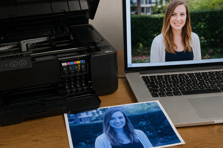 eco friendly printing tips — printer surrounded by green plants and recycled paper stacks on a clean desk