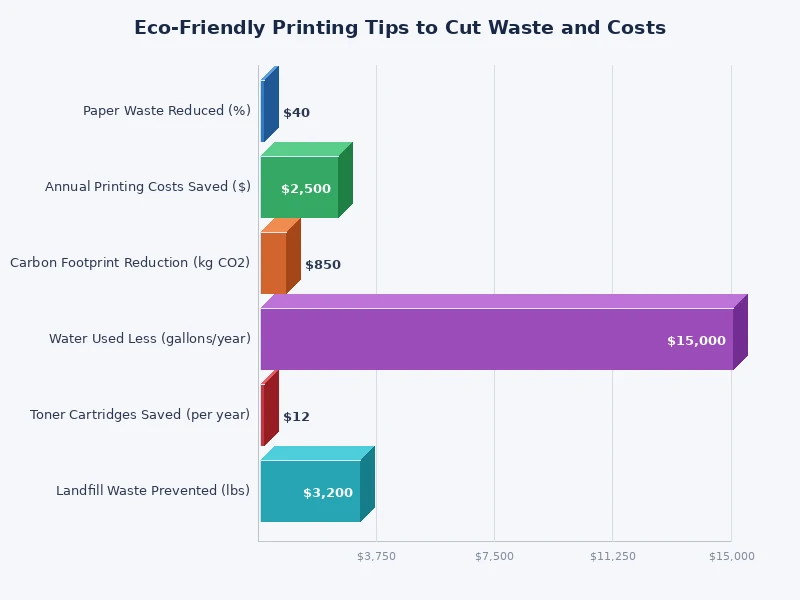 bar chart comparing paper and ink savings from different eco friendly printing tips