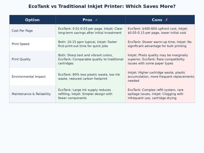 Comparison table showing EcoTank vs traditional inkjet printer features and costs
