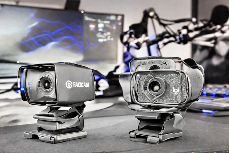 Elgato Facecam and Logitech StreamCam positioned side by side on a streamer's desk with a monitor and microphone arm in the background. Studio-style lighting setup.