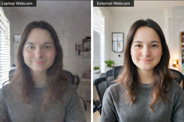 External webcam vs laptop camera comparison setup on a desk