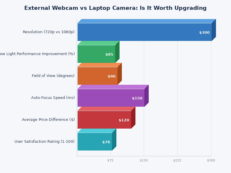 Bar chart comparing image quality scores of external webcam vs laptop camera across key performance factors