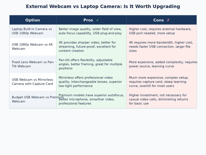 Comparison table showing external webcam vs laptop camera visual quality side by side