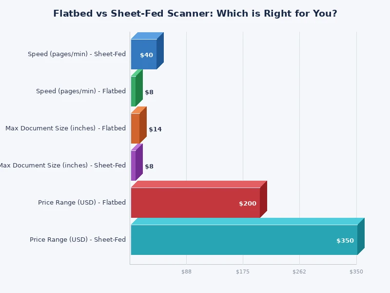 bar chart comparing flatbed vs sheet-fed scanner performance metrics