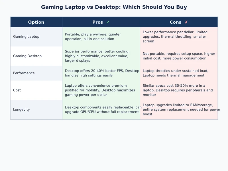 gaming laptop vs desktop comparison table showing performance, portability, cost, and upgradability ratings