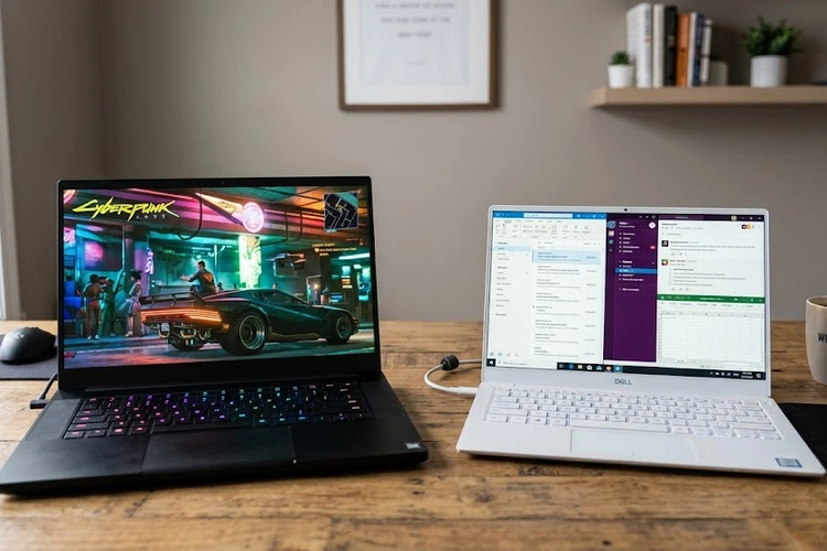 gaming laptop vs regular laptop side by side on a desk